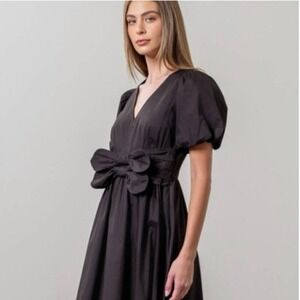 Moon River Black Mini Dress Bow Waist Puff Sleeve Babydoll Sz S Coquette Chic